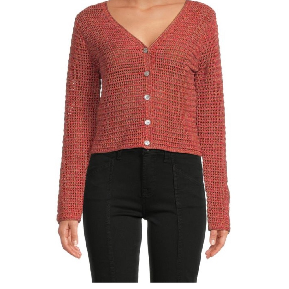 Vince Marled Crochet Open Knit Cardigan 100% Cotton V Neck Button Front Large